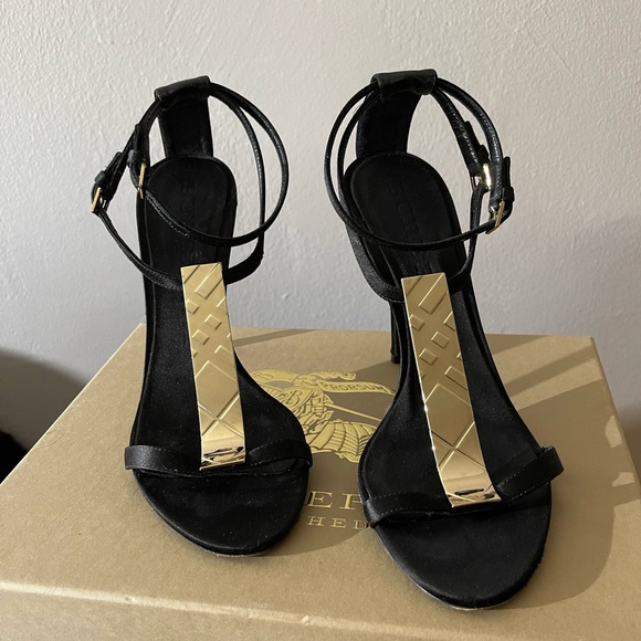 Black Satin with Gold signature hardware sandal heel - Picture 3 of 15